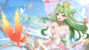 1girl braid breasts bug butterfly character_request collar commentary_request commission copyright_request crown detached_collar detached_sleeves dress green_hair hair_intakes highres insect k_(art71) long_hair mini_crown open_mouth pointy_ears purple_eyes see-through_clothes see-through_sleeves skeb_commission smile solo symbol_in_eye thank_you twitter_username virtual_youtuber white_collar white_dress