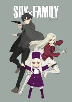 1boy 2girls ascot black_hair black_jacket black_necktie black_pants black_pantyhose black_ribbon black_vest boots child curtained_hair dress emiya_kiritsugu family fate/zero fate_(series) father_and_daughter forzen full_body fur_hat grey_background grey_shirt gun hair_between_eyes handgun hat highres holding holding_gun holding_string holding_weapon illyasviel_von_einzbern irisviel_von_einzbern jacket long_hair long_sleeves looking_at_viewer mother_and_daughter multiple_girls neck_ribbon necktie outstretched_arms pants pantyhose parody purple_dress purple_footwear purple_headwear red_eyes red_shirt ribbon shirt short_hair sketch skirt smile spy_x_family string thigh_boots vest weapon white_ascot white_footwear white_hair white_skirt