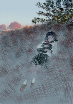 1girl absurdres bag bangqiao_yan black_hair black_sailor_collar black_skirt blue_sky closed_eyes cloud day from_above full_body highres hill hugging_object knee_up neck_ribbon original outdoors ribbon sailor_collar scenery school_uniform serafuku shirt short_hair shoulder_bag sidelocks sitting skirt sky socks solo tree white_shirt white_socks