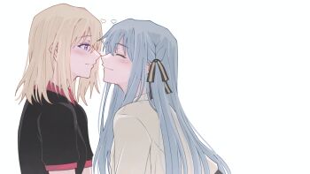 2girls absurdres alt_text bang_dream! bang_dream!_it&#039;s_mygo!!!!! black_ribbon black_shirt blonde_hair blue_hair closed_eyes closed_mouth commentary_request firman_acker hair_ribbon heart highres imminent_kiss indonesian_commentary long_hair medium_hair misumi_uika multiple_girls noses_touching purple_eyes ribbon shirt simple_background togawa_sakiko two_side_up white_background white_shirt yuri