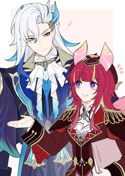 1boy 1girl animal_ears artist_self-insert blue_coat blue_suit blunt_bangs book cape chinese_commentary closed_mouth coat collared_coat collared_jacket collared_shirt commission commissioner_insert couple daxueguasiniannengrangwohuahuaniubima formal_clothes genshin_impact hair_between_eyes happy hat highres holding holding_book jacket light_smile long_hair long_sleeves looking_at_another looking_down looking_to_the_side looking_up multicolored_hair neuvillette_(genshin_impact) open_mouth original pants purple_eyes red_cape red_hair red_hat red_jacket red_suit second-party_source shirt standing streaked_hair suit suit_jacket two-tone_hair wavy_hair white_hair white_shirt