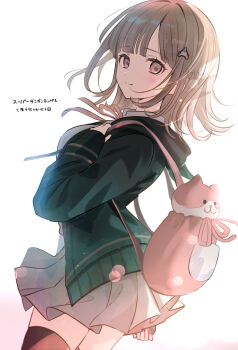 Rule 34 | 1girl, animal bag, breasts, brown hair, brown skirt, cat bag, commentary request, danganronpa (series), danganronpa 2: goodbye despair, flipped hair, from side, hair ornament, highres, hood, jacket, long sleeves, looking at viewer, medium hair, nanami chiaki, neck ribbon, open clothes, open jacket, pink bag, pink eyes, pink ribbon, pleated skirt, ribbon, shirt, skirt, smile, solo, thighhighs, white shirt, yukimaru nun
