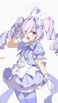 Rule 34 | 1girl, :d, absurdres, ahoge, blue archive, bow, bowtie, commentary, cowboy shot, cryani, drill hair, fang, gloves, hair ornament, halo, highres, long hair, magical girl, multicolored hair, open mouth, pantyhose, pink hair, purple bow, purple bowtie, purple eyes, purple hair, reisa (blue archive), reisa (magical) (blue archive), simple background, skin fang, smile, solo, star (symbol), star hair ornament, star halo, twintails, two-tone hair, v, v over head, white background, white gloves, wing hair ornament