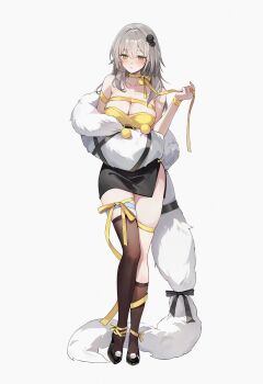 Rule 34 | 1girl, absurdres, alternate costume, asymmetrical legwear, bare shoulders, black shoes, black skirt, black socks, black thighhighs, breasts, cleavage, closed mouth, commentary, full body, grey hair, hand up, highres, honkai: star rail, honkai (series), kneehighs, large breasts, looking at viewer, shoes, simple background, skirt, socks, solo, standing, stelle (honkai: star rail), thigh strap, thighhighs, trailblazer (honkai: star rail), uneven legwear, white background, yellow eyes, zije