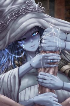 1boy 1girl absurdres blue_eyes blue_hair blue_skin blush breasts caressing_testicles censored cleavage collarbone colored_skin dark-skinned_male dark_skin doll_girl dress elden_ring extra_arms fingernails handjob hat hetero highres indoors jewelry large_breasts large_penis large_variant_set long_hair looking_at_viewer mosaic_censoring motion_blur motion_lines naughty_face nose one_eye_closed parted_lips penis penis_close_to_face pov pov_crotch powpill precum ranni_the_witch ring smile solo_focus tarnished_(elden_ring) teeth testicles two-handed_handjob upper_body variant_set wavy_mouth white_dress white_hat witch_hat