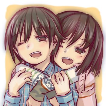 1boy 1girl arms_around_neck black_hair brother_and_sister brown_hair chaos;child cheren_r child commentary_request highres hug hug_from_behind one_eye_closed open_mouth science_adventure short_hair siblings smile tachibana_yui tachibana_yuuto teeth upper_body upper_teeth_only