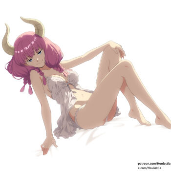1girl absurdres alternate_costume anime_coloring ass aura_(sousou_no_frieren) babydoll bare_legs barefoot bed_sheet blue_eyes braid breasts closed_mouth collarbone commentary_request demon_girl demon_horns feet hand_on_own_knee highres horns houlestia knees_up legs lingerie long_hair looking_at_viewer low-braided_long_hair low-tied_long_hair medium_breasts navel panties patreon_username purple_hair quad_braids simple_background sitting smug solo sousou_no_frieren thighs toes twitter_username underwear white_babydoll white_background white_panties