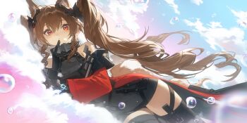 1girl angelina_(arknights) animal_ear_fluff animal_ears arknights arknights:_endfield bare_shoulders bean_sprouts_(6651003) belt black_gloves black_thighhighs bracelet brown_hair bubble coat commentary day diamond-shaped_pupils diamond_(shape) dress elbow_gloves english_commentary finger_to_own_chin floating_hair fox_ears fox_girl fox_tail game_cg gilberta_(arknights) gloves grey_dress hair_between_eyes headpiece high_belt high_collar high_up highres infection_monitor_(arknights) jewelry light_blush light_frown long_hair long_sidelocks long_sleeves looking_at_viewer lying off_shoulder official_art on_cloud on_side outdoors red_coat red_eyes short_dress sidelocks solo symbol-shaped_pupils tail thighhighs twintails very_long_hair zettai_ryouiki