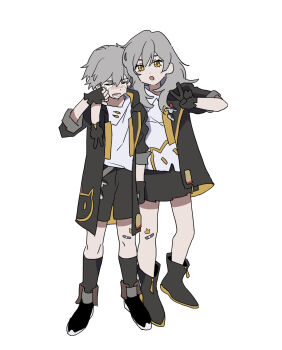 1boy 1girl aged_down arm_around_neck bandaid bandaid_on_knee bandaid_on_leg black_boots black_coat black_gloves black_jacket black_shoes black_shorts black_skirt black_socks blush boots caelus_(honkai:_star_rail) child closed_eyes coat crying dual_persona fingerless_gloves full_body gloves grey_hair hair_between_eyes hand_on_own_face highres honkai:_star_rail honkai_(series) hood hooded_coat jacket lapels long_hair long_sleeves looking_at_viewer miniskirt open_clothes open_coat open_jacket open_mouth sad shirt shoes short_hair short_sleeves shorts sidelocks simple_background skirt socks standing stelle_(honkai:_star_rail) t-shirt teeth trailblazer_(honkai:_star_rail) two-sided_coat two-sided_fabric two-sided_jacket udeudede v white_background white_shirt yellow_coat yellow_eyes yellow_jacket zipper
