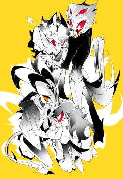 2boys 2girls absurdres animal_ears black_feathers blitzo_(helluva_boss) demon_boy demon_girl demon_horns demon_tail extra_eyes father_and_daughter feathers hellaverse helluva_boss highres horns loona_(helluva_boss) multiple_boys multiple_girls octavia_(helluva_boss) owl_boy red_eyes stolas_(helluva_boss) tail zhu_xing_pupupu