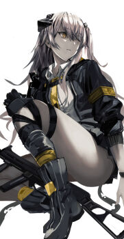 1girl absurdres armband black_boots black_jacket black_socks boots collared_shirt fujita_(condor) girls&#039;_frontline grey_hair gun h&amp;k_ump highres jacket knee_pads long_hair necktie one_eye_closed one_side_up open_clothes parted_lips scar scar_across_eye scar_on_face shirt simple_background single_leg_pantyhose single_sock sitting socks solo submachine_gun ump45_(girls&#039;_frontline) ump45_(mod3)_(girls&#039;_frontline) weapon white_background white_shirt yellow_armband yellow_eyes yellow_necktie