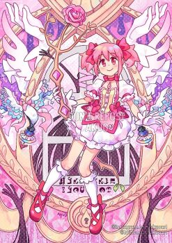 1girl akuo blush bow closed_mouth commentary dress english_commentary full_body gloves kaname_madoka kaname_madoka_(magical_girl) kneehighs mahou_shoujo_madoka_magica pink_dress pink_eyes pink_hair puffy_short_sleeves puffy_sleeves red_dress red_shoes shoes short_hair short_sleeves smile socks solo soul_gem twintails white_dress white_gloves white_socks