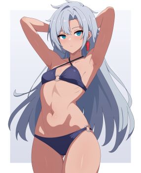 1girl a_(xenoblade) absurdres ai-assisted armpits arms_up bikini blue_eyes breasts collarbone gluteal_fold grey_hair guilegaze highres long_hair looking_at_viewer navel purple_bikini skindentation small_breasts solo standing stomach swimsuit thigh_gap very_long_hair xenoblade_chronicles_(series) xenoblade_chronicles_1 xenoblade_chronicles_3 xenoblade_chronicles_3:_future_redeemed