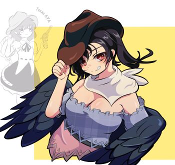 2girls bandana bandana_around_neck black_hair black_wings blue_shirt breasts brown_hat cleavage commentary_request cropped_torso feathered_wings grin gun hand_on_headwear hansode32 hat hat_tip highres holding holding_gun holding_lasso holding_weapon kurokoma_saki large_breasts lasso long_hair looking_at_viewer multiple_girls off-shoulder_shirt off_shoulder pink_shirt red_eyes shameimaru_aya sheriff_badge shirt smile touhou weapon wings