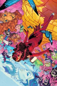 2girls 6+others avengers_(series) axe bat_wings black_leggings blue_sky breasts brown_hair bug butterfly cleavage clothing_cutout comic_cover commentary cowardly_lion creature curly_hair double_bun dress english_commentary full_body green_eyes green_hair hair_bun hair_ribbon hexfinder highres insect leggings lion looking_to_the_side low_twintails marvel multiple_girls multiple_others official_art parody pink_hair purple_hair red_dress red_lips red_ribbon red_thighhighs ribbon russell_dauterman scarecrow scarecrow_(the_wizard_of_oz) scarlet_witch shoes shoulder_cutout sky superhero_costume the_wizard_of_oz thighhighs twintails upside-down wanda_maximoff white_shoes wings yellow_brick_road