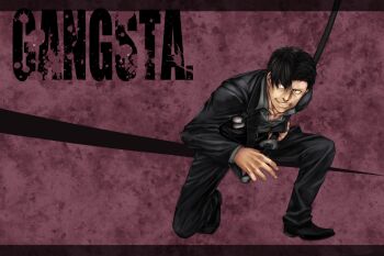 Rule 34 | 1boy, black hair, black jacket, blazer, copyright name, dress shirt, facing to the side, gangsta, grey shirt, grin, highres, holding, holding sheath, holding sword, holding weapon, jacket, ke-suke, leaning forward, letterboxed, looking to the side, male focus, mature male, nicolas brown, on one knee, open clothes, open jacket, parted hair, partially unbuttoned, red background, sheath, sheathed, shirt, smile, sword, weapon