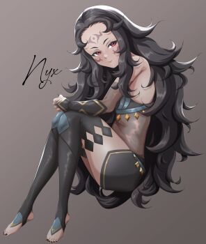 Rule 34 | 1girl, absurdres, black hair, black nails, blue panties, bodystocking, commentary request, facial mark, fire emblem, fire emblem fates, forehead mark, highres, long hair, looking at viewer, messy hair, nail polish, nintendo, nyx (fire emblem), panties, red eyes, solo, toenail polish, toenails, two-tone legwear, underwear, very long hair, zawazawapokeka