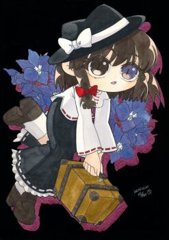 Rule 34 | 1girl, absurdres, artist name, asymmetrical sidelocks, black background, black hat, black skirt, blue flower, bow, briefcase, brown eyes, brown hair, brown shoes, commentary request, dated, flower, flower request, frilled skirt, frills, full body, hair bow, hat, hat bow, heterochromia, highres, hmr rk, holding, holding briefcase, long skirt, long sleeves, medium hair, open mouth, purple eyes, red bow, retrospective 53 minutes, ribbon-trimmed skirt, ribbon-trimmed sleeves, ribbon trim, shadow, shirt, shoes, sidelocks, skirt, socks, solo, touhou, traditional media, usami renko, white shirt, white socks