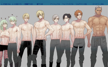 1girl 6+boys ? aqua_eyes aqua_hair armored_boots arms_behind_back ashe_ubert ashe_ubert_(timeskip) black_boots black_hair black_pants black_shorts blonde_hair blue_eyes boots breasts brown_pantyhose cleavage closed_mouth collarbone commentary_request covering_breasts covering_privates dark_skin dedue_molinaro dimitri_alexandre_blaiddyd dimitri_alexandre_blaiddyd_(timeskip) dual_persona eye_contact eyepatch feet_out_of_frame felix_hugo_fraldarius female_byleth_(awakened)_(fire_emblem) female_byleth_(fire_emblem) fire_emblem fire_emblem:_three_houses freckles green_eyes grey_background grey_hair grey_pants hand_on_own_hip height height_chart highres knee_boots large_breasts looking_at_another male_byleth_(awakened)_(fire_emblem) male_byleth_(fire_emblem) masakikazuyoshi measurements multiple_boys navel nintendo nipples one_eye_covered orange_eyes orange_hair pants pantyhose pectorals ponytail red_eyes scar scar_on_face short_hair short_ponytail short_shorts shorts simple_background smile standing stomach sylvain_jose_gautier topless_female topless_male twitter_username