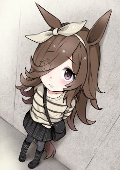 Rule 34 | 1girl, absurdres, alternate costume, animal ears, arms behind back, black bag, black boots, black skirt, boots, bow hairband, brown hair, commentary request, hair over one eye, hairband, highres, horse ears, horse girl, horse tail, long hair, long sleeves, one eye covered, pantyhose, rice shower (umamusume), shijimi (sijimi1917), skirt, smile, solo, striped clothes, tail, teeth, umamusume