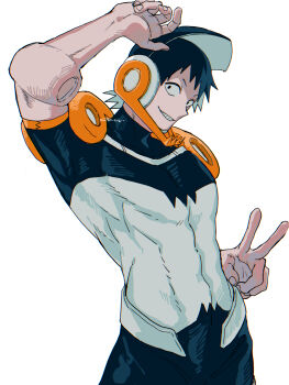 1boy a_nzi_end absurdres arm_up black_hair bodysuit boku_no_hero_academia commentary_request constricted_pupils cowboy_shot grid_teeth highres looking_at_viewer male_focus sero_hanta short_hair simple_background solo toned toned_male v white_background