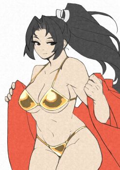 1girl bare_shoulders bikini black_eyes black_hair breasts cleavage closed_mouth coat collarbone cowboy_shot e-kaki fatal_fury gold_bikini golden_week hair_intakes hair_ribbon high_ponytail highres holding japanese_clothes kimono large_breasts long_hair looking_at_viewer navel open_clothes open_kimono open_robe parted_bangs ponytail red_coat red_kimono red_robe ribbon robe shiranui_mai simple_background solo standing swimsuit the_king_of_fighters thighs toned toned_female underboob undressing white_background white_ribbon