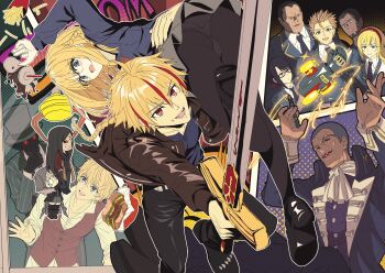 absurdres ahoge alexandre_dumas_(fate) annie_cuaron belt black_hair black_pants black_pantyhose black_shoes blonde_hair blue_sweater blush braid braided_ponytail burger buzz_cut character_request chibi chibi_inset collared_jacket collared_shirt colored_teeth commentary demon excalibur_(fate/strange_fake) facial_hair fate/strange_fake fate_(series) flat_escardos food food_on_face french_fries glasses gray_(fate) grey_hair grey_skirt hat highres holding holding_pen holding_sword holding_weapon hood hood_up jack_the_ripper_(fate/strange_fake) jacket john_wingard leather leather_jacket long_hair lord_el-melloi_ii medium_hair multicolored_hair multicolored_teeth panties pants pantyhose pantyshot pen pleated_skirt rattail red_eyes red_streaks red_teeth red_vest richard_i_(fate) saiki_rider sajou_ayaka_(fate/strange_fake) shirt shoes short_hair short_sideburns side_braid sideburns single_braid skirt snowfield_police_uniform streaked_hair sweater sword top_hat underwear very_short_hair vest waver_velvet weapon white_belt white_hair white_shirt