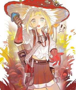 !? 1boy absurdres baizangze belt_pouch blonde_hair blue_eyes brown_shorts ezra_theodore furrowed_brow gloves hand_up hat highres holding holding_mushroom looking_at_viewer male_focus mask mask_around_neck midriff mushroom mushroom_hat open_hand open_mouth oxygen_mask plant pouch rake red_gloves red_hat reverse:1999 shirt short_hair shorts solo sparkle speech_bubble spoken_interrobang tied_shirt trowel white_shirt