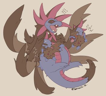 artist_name deino_(pokemon) fangs gen_5_pokemon grey_background highres hydreigon mamebato nintendo open_mouth pokemon pokemon_(creature) simple_background tail