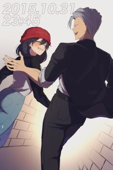 af_suki113 andy_(undead_unluck) beanie black_hair black_pants black_shirt black_sleeves blue_pants closed_eyes couple hat highres izumo_fuuko pants shirt undead_unluck walking white_hair white_shirt