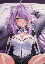 Rule 34 | 1girl, absurdres, ahoge, animal ear fluff, animal ears, black jacket, black shorts, blush, breasts, cat ears, cat girl, chest tattoo, cleavage, cleavage cutout, clothing cutout, commentary request, hair ornament, hair over one eye, heart, heart tattoo, highres, hololive, jacket, k0k0me, large breasts, long hair, looking at viewer, lying, neck ribbon, nekomata okayu, nekomata okayu (wonderland), official alternate costume, on back, on bed, pillow, purple eyes, purple hair, purple ribbon, ribbon, shirt, shorts, solo, spade (shape), sweat, tattoo, virtual youtuber, white shirt, x hair ornament