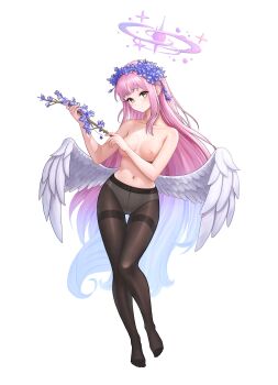 Rule 34 | 1girl, angel wings, black pantyhose, blue archive, branch, breasts, commentary request, full body, halo, head wreath, highres, holding, holding branch, korean commentary, large breasts, long hair, looking at viewer, mika (blue archive), misojo otaku, navel, nipples, panties, panties under pantyhose, pantyhose, pink hair, pink halo, simple background, solo, stomach, toes, underwear, very long hair, white background, white panties, white wings, wings, yellow eyes