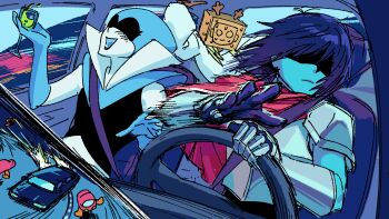 Rule 34 | 1other, 2girls, antlers, armor, blue gloves, blue hair, blue skin, box, car, car interior, colored skin, commentary request, cup, deer antlers, deltarune, drinking glass, driving, gauntlets, gloves, gnd ib, highres, holding, holding cup, horns, korean commentary, kris (dark world) (deltarune), kris (deltarune), mole, mole under eye, motor vehicle, multiple girls, noelle holiday, noelle holiday (dark world), open mouth, partially shaded face, queen (deltarune), seatbelt, shoulder armor, smile, steering wheel, utdr (toby fox), wine glass