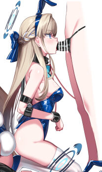 2girls animal_ears bar_censor bare_shoulders bdsm blonde_hair blue_archive blue_eyes blue_ribbon bondage bondage_cuffs bound breasts censored collar cuffs dildo fake_animal_ears fellatio femdom halo handcuffs hiememiko highres leash long_hair medium_breasts multiple_girls oral playboy_bunny rabbit_ears rabbit_tail restrained ribbon sex_toy sideboob skindentation slave strap-on tail thighhighs toki_(blue_archive) toki_(bunny)_(blue_archive) very_long_hair white_background white_thighhighs
