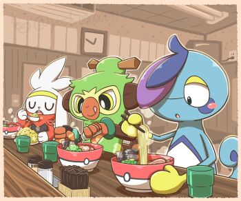 blue_skin chopsticks closed_eyes colored_skin drizzile food gen_8_pokemon green_fur highres indoors nintendo no_humans noodles open_mouth poke_ball_print pokemon pokemon_(creature) raboot ramen thwackey white_fur yoshio_(yoshi00000091)
