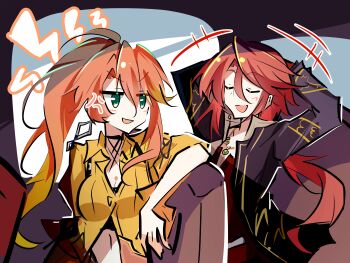 Rule 34 | 1boy, 1girl, 25ocoveryui, aaron wei, absurdres, anger vein, arms behind head, bob cut, closed eyes, earrings, eiyuu densetsu, green eyes, hashtag-only commentary, high ponytail, highres, jewelry, judith lanster, kuro no kiseki, kuro no kiseki (series), kuro no kiseki ii, long hair, long single sidelock, low ponytail, midriff peek, navel, open mouth, partially unbuttoned, pendant, pink hair, ponytail, red hair, single earring, single sidelock, sitting, smile, talking