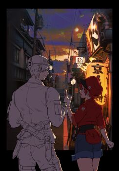 ! 1boy 1girl :d absurdres ae-3803 arm_at_side badge baseball_cap belt_pouch black_border black_shirt blue_shorts blush border brown_eyes building button_badge character_name chinese_commentary city clenched_hand clothes_writing cloud cloudy_sky collared_shirt combat_knife commentary couple cropped_jacket cup denim denim_shorts dress_shirt drink dusk facing_away fanny_pack gloves hair_over_one_eye hand_up hat hat_ornament hataraku_saibou highres holding holding_cup holding_drink index_finger_raised jacket knife lamppost lantern looking_at_another looking_to_the_side newsboy_cap open_mouth outdoors outside_border pale_skin pants paper_lantern pouch power_lines purple_sky red_blood_cell_(hataraku_saibou) red_hair red_hat red_jacket road rougui_(he_fengyu) sheath shirt short-sleeved_jacket short_hair short_sleeves shorts side-by-side sign sky smile speech_bubble spoken_exclamation_mark standing street t-shirt talking thigh_sheath thigh_strap transformer translated u-1146 utility_pole very_short_hair walking weapon white_blood_cell_(hataraku_saibou) white_gloves white_hair white_hat white_pants white_shirt white_straps