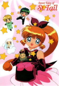 Rule 34 | 1990s (style), 1girl, animal, asuka daiki, black gloves, blonde hair, blue eyes, bow, bowtie, character name, chibi, elbow gloves, gloves, hair bow, hat, hedgehog, highres, holding, holding unworn clothes, holding unworn hat, kaitou saint tail, magical girl, magician, mimori seira, official art, orange hair, ponytail, retro artstyle, ruby (kaitou saint tail), saint tail, scan, shitajiki, star (symbol), star symbol background, takamiya rina, third-party source, top hat, unworn hat, unworn headwear