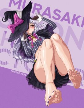 1girl bare_legs black_panties blush bow brooch cleavage_cutout clothing_cutout hair_ornament hat hat_over_one_eye highres hololive jewelry long_hair murasaki_shion nail_polish nasterro orange_eyes panties purple_hair solo star_brooch underwear virtual_youtuber witch_hat