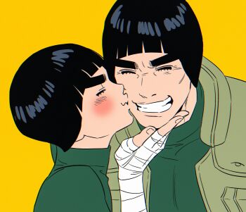 2boys absurdres bandaged_hand bandages black_hair blunt_bangs blush bodysuit bowl_cut closed_eyes commentary flak_jacket green_bodysuit green_vest grin hand_on_another's_chin highres jacket kiss kissing_cheek m0_mo_momo male_focus might_guy multiple_boys naruto_(series) parted_lips rock_lee short_hair smile symbol-only_commentary teeth thick_eyebrows upper_body vest yaoi yellow_background
