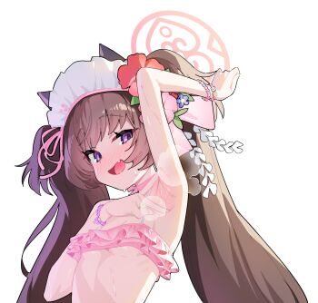 1girl absurdres arm_up armpits bead_bracelet beads bikini blue_archive bracelet breasts brown_hair flower frilled_bikini frills hair_flower hair_ornament halo highres honi_(honi1010) jewelry loli long_hair looking_at_viewer maid_headdress open_mouth pink_bikini pink_halo presenting_armpit purple_eyes ring shizuko_(blue_archive) shizuko_(swimsuit)_(blue_archive) simple_background small_breasts smile solo spread_armpit sweat swimsuit twintails upper_body very_sweaty white_background