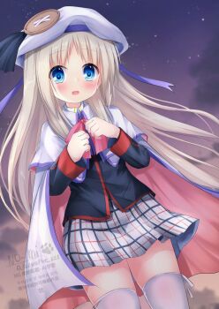 Rule 34 | 1girl, blonde hair, blue eyes, blush, cloak, commentary request, hat, highres, kudpoid (71139), little busters!, little busters! school uniform, long hair, looking at viewer, noumi kudryavka, open mouth, outdoors, school uniform, skirt, sky, smile, solo, star (sky), starry sky, thighhighs, twilight, wind, zettai ryouiki