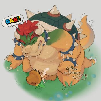 1boy 1other armlet artist_name bara bowser bracelet claws clenched_teeth closed_eyes commentary cum english_commentary english_text erection flower furry furry_male horns jewelry kneeling mario_(series) nintendo orange_flower penis penis_peek red_hair signature skinnyjimz speech_bubble spiked_armlet spiked_bracelet spiked_shell spiked_tail spikes tail talking_flower_(mario) teeth testicles veins veiny_penis