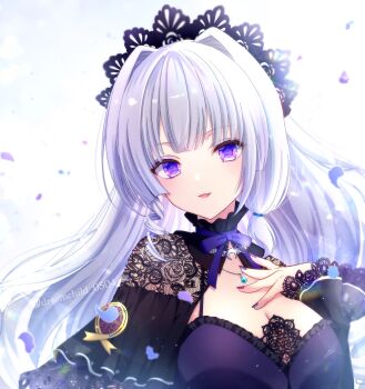 Rule 34 | 1girl, arm at side, assault lily, black hairband, blush, breasts, cleavage, commentary, crescent, crescent necklace, falling petals, fingernails, frilled shirt, frilled shirt collar, frilled sleeves, frills, glint, gradient background, grey background, grey hair, hair intakes, hairband, hand on own chest, hand up, highres, jewelry, kinran'gyoku, lace, lace sleeves, layered sleeves, lens flare, light particles, long hair, long sleeves, looking at viewer, medium breasts, mizuha (dreamchild 0504), multicolored nails, nail polish, neck ribbon, necklace, parted lips, pendant, petals, pink nails, purple eyes, purple nails, purple ribbon, purple shirt, ribbon, shirt, smile, solo, twitter username, two-tone background, upper body, white background