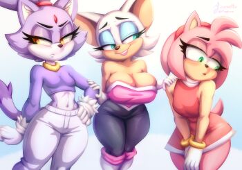 3girls absurdres adapted_costume amy_rose animal_ear_fluff animal_ears animal_nose annoyed arm_at_side artist_name averting_eyes azuretto bare_shoulders bat_ears bat_girl black_bodysuit blaze_the_cat blue_background blue_eyes blush bob_cut bodysuit boots breasts cat_ears cat_girl cat_tail cleavage closed_mouth collarbone cowboy_shot crop_top dress dress_tug elbow_gloves embarrassed female_focus forehead_jewel fur-trimmed_sleeves fur_trim furry furry_female gem gloves green_eyes grin hair_tie hand_on_another's_arm hand_on_another's_shoulder hand_on_own_hip hands_up happy highres large_breasts lipstick long_sleeves looking_to_the_side makeup mature_female midriff multiple_girls navel open_mouth orange_eyes own_hands_together pants pink_hair pink_lips pink_trim purple_hair purple_shirt raised_eyebrows red_dress red_gemstone rouge_the_bat shirt short_dress short_hair shy sidelocks sideways_mouth signature simple_background sleeveless sleeveless_dress small_breasts smile sonic_(series) standing stomach tail teeth thick_thighs thigh_boots thighs topknot twitter_x_logo v-shaped_eyebrows v_arms white_boots white_gloves white_hair white_pants white_trim wide_hips