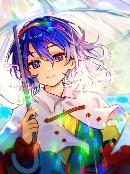 1girl absurdres blue_hair breasts capelet chinese_commentary closed_mouth collared_capelet commentary dress gradient_eyes hair_between_eyes hairband highres holding holding_umbrella long_sleeves looking_at_viewer maisuiren multicolored_dress multicolored_eyes multicolored_hair multicolored_hairband patchwork_clothes purple_hair rain rainbow_gradient rainbow_refraction short_hair small_breasts smile solo tenkyuu_chimata touhou umbrella upper_body white_capelet white_umbrella