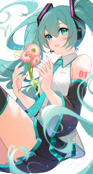 1girl absurdres aqua_eyes aqua_hair aqua_nails aqua_necktie aqua_trim arm_tattoo black_skirt blush breasts collared_shirt detached_sleeves flower grey_shirt hair_between_eyes hair_ornament hatsune_miku highres long_hair long_sleeves looking_at_viewer mamo_(fortune-mm) medium_breasts miniskirt necktie number_tattoo open_mouth pink_flower pleated_skirt shirt simple_background skirt sleeveless sleeveless_shirt solo tattoo twintails very_long_hair vocaloid white_background wide_sleeves