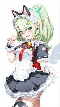 1girl animal_ear_hairband animal_ears bell black_dress black_garter_straps blunt_bangs blush cat_ear_hairband cat_ears commentary_request dress earrings fake_animal_ears frilled_dress frills garter_straps ghost_hair_ornament green_eyes green_hair hair_ornament hairband hairpin heart heart_earrings heart_hair_ornament highres jewelry looking_at_viewer maid maid_headdress matsuhisa_(ryo-tsuda1) multiple_hair_clips multiple_hairpins neck_bell official_alternate_costume open_mouth ponytail puffy_short_sleeves puffy_sleeves red_bag short_sleeves simple_background skirt_hold solo sunna_(afternoon_tea_break)_(zenless_zone_zero) sunna_(zenless_zone_zero) thighhighs white_background white_wings winged_bag wings zenless_zone_zero