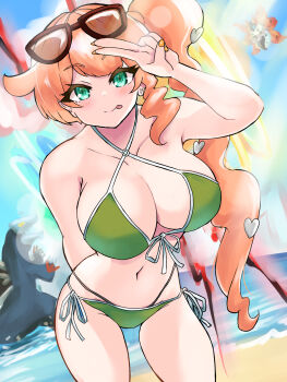 1girl baxcalibur beach bikini blush breasts cleavage collarbone criss-cross_halter female_focus front-tie_bikini_top front-tie_top gen_5_pokemon gen_9_pokemon glasses green_bikini green_eyes hair_ornament halterneck heart heart_hair_ornament highres horounendo large_breasts long_hair looking_at_viewer nintendo ocean orange_hair pokemon pokemon_(creature) pokemon_swsh ponytail sand side-tie_bikini_bottom side_ponytail smile sonia_(pokemon) sunglasses swimsuit tongue tongue_out v volcarona water
