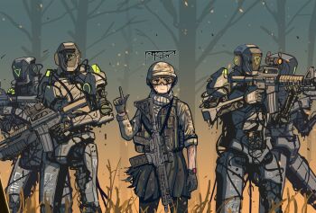 Rule 34 | 1girl, 4others, aiming, ammunition pouch, assault rifle, black hair, black halo, black pantyhose, blue archive, broken, bulletproof vest, camouflage, camouflage jacket, cliff unger, combat helmet, death stranding, death stranding 2: on the beach, finger gun, gloves, goggles, grenade launcher, gun, gun sling, halo, helmet, highres, holding, holding weapon, humanoid robot, jacket, kaiser pmc mercenary (blue archive), kaiser pmc robot mercenary (blue archive), m203, m4 carbine, military uniform, multiple others, optical sight, pantyhose, parabellum, pouch, rifle, robot, scarf, short hair, skirt, sleeves rolled up, striped clothes, striped scarf, tactical clothes, tree, triangle halo, underbarrel grenade launcher, watch, weapon, wristwatch